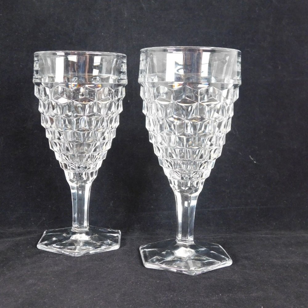 Lot of 2 Fostoria American Clear Glass Water Goblet 7" tall 9 oz Diamond Cube